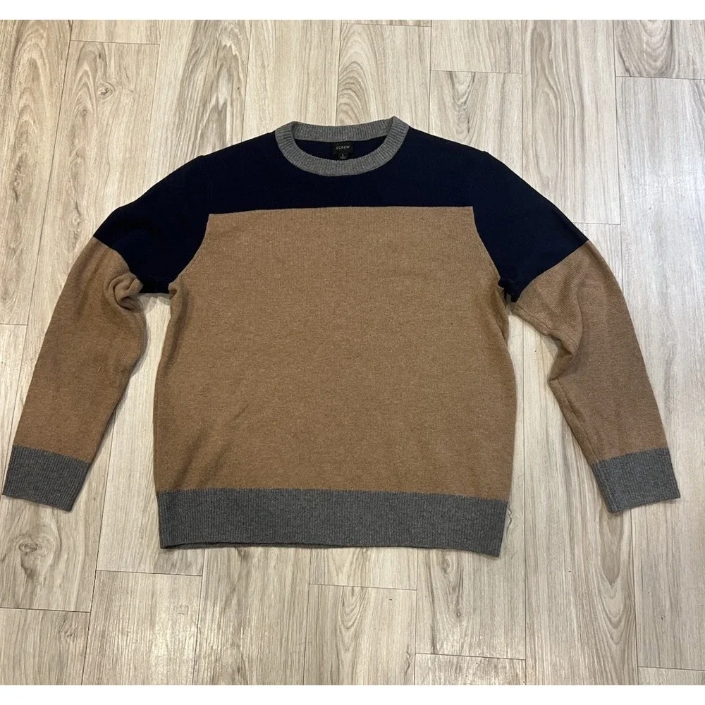 J Crew Sweater Mens 100% Wool Crewneck Tan/Blue/Silver Color-block EUC Large